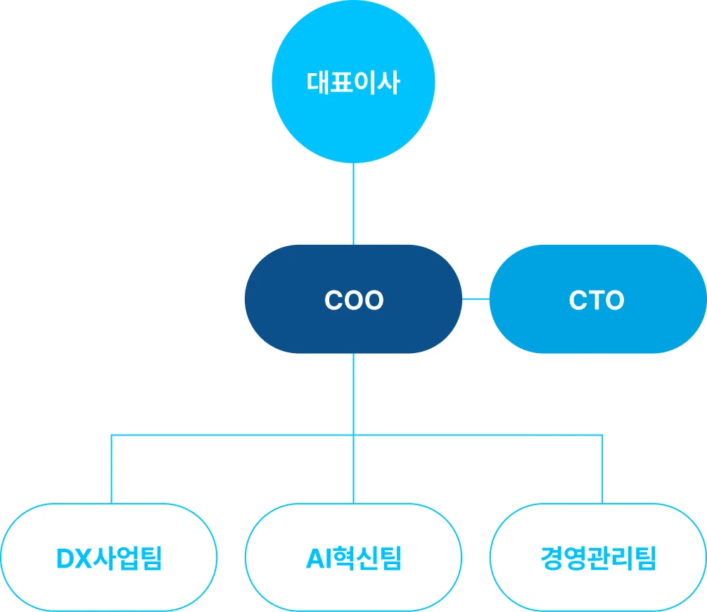 잇뉴 조직도 — 대표이사 아래 COO와 CTO, COO 아래 DX사업팀·AI혁신팀·경영관리팀